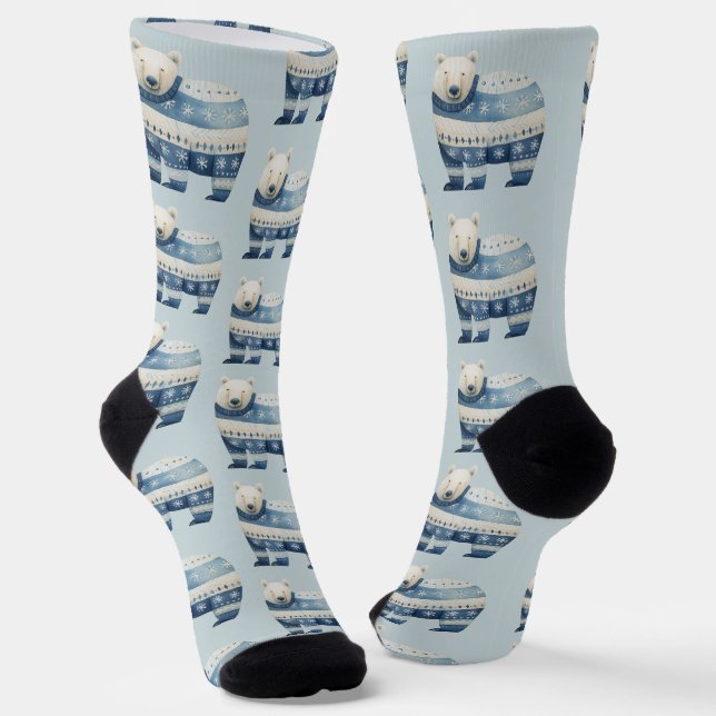 Cute Watercolor Polar Bear Pattern Blue White Socks (Angled)