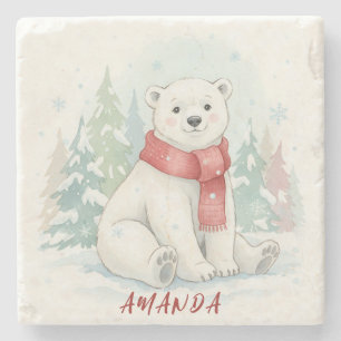Cute watercolor Polar Bear Winter Stone Coaster