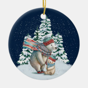 Cute Watercolor Polar Bears Ceramic Tree Decoration