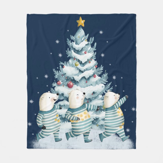 Cute Watercolor Polar Bears Fleece Blanket (Front)