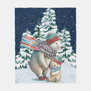 Cute Watercolor Polar Bears Fleece Blanket