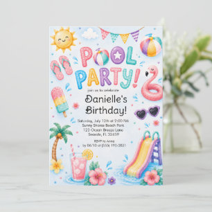Cute Watercolor Pool Party Birthday Invitation