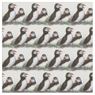 Cute Watercolor Puffin Bird Nature Art Fabric