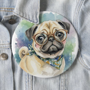 Cute Watercolor Pug with Glasses 6 Cm Round Badge