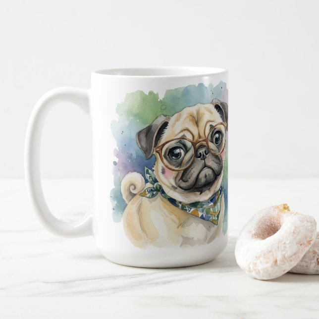 Cute Watercolor Pug with Glasses Coffee Mug (With Donut)
