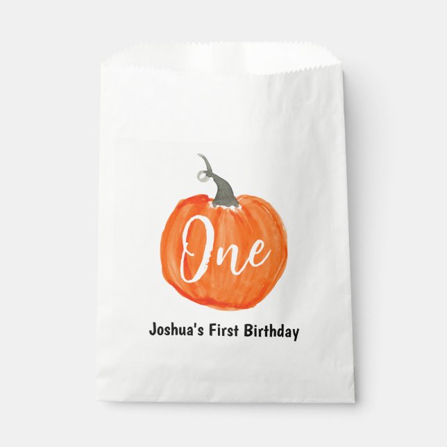 Cute watercolor pumpkin first birthday favour bags (Front)