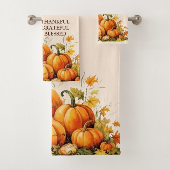 Cute Watercolor Pumpkin Thankful Grateful Blessed Bath Towel Set (Insitu)