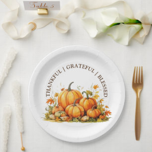 Cute Watercolor Pumpkins Thankful Grateful Blessed Paper Plate