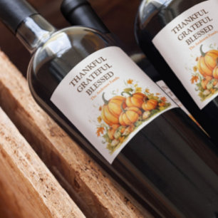 Cute Watercolor Pumpkins Thankful Grateful Blessed Wine Label