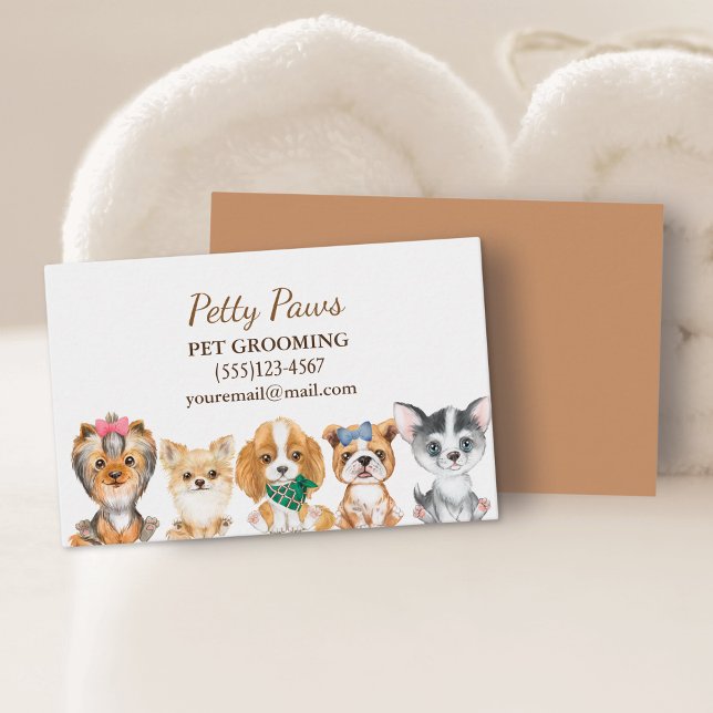 Cute Watercolor Puppies Pet Grooming Service Busin Business Card (Creator Uploaded)