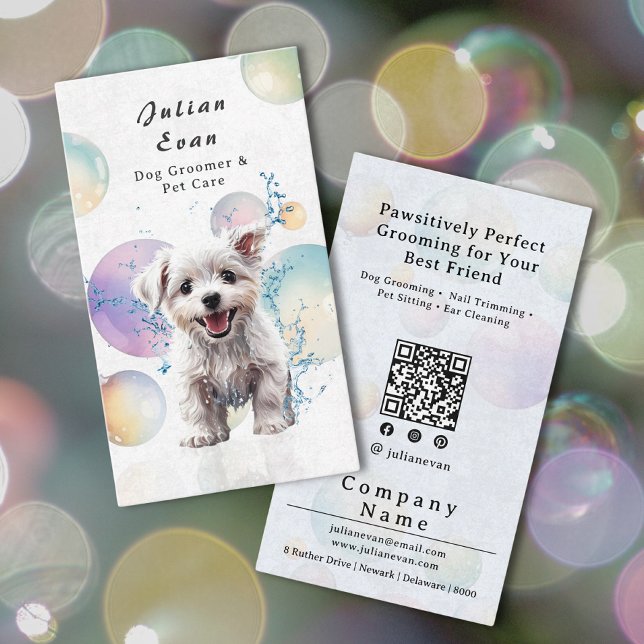 Cute Watercolor Puppy Bubble Suds Dog Groomer Business Card (Creator Uploaded)