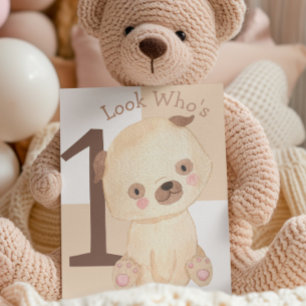 Cute Watercolor Puppy Custom Name 1st Birthday  Card
