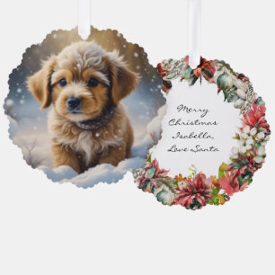 Cute Watercolor Puppy Dog and Floral Wreath Tree Decoration Card