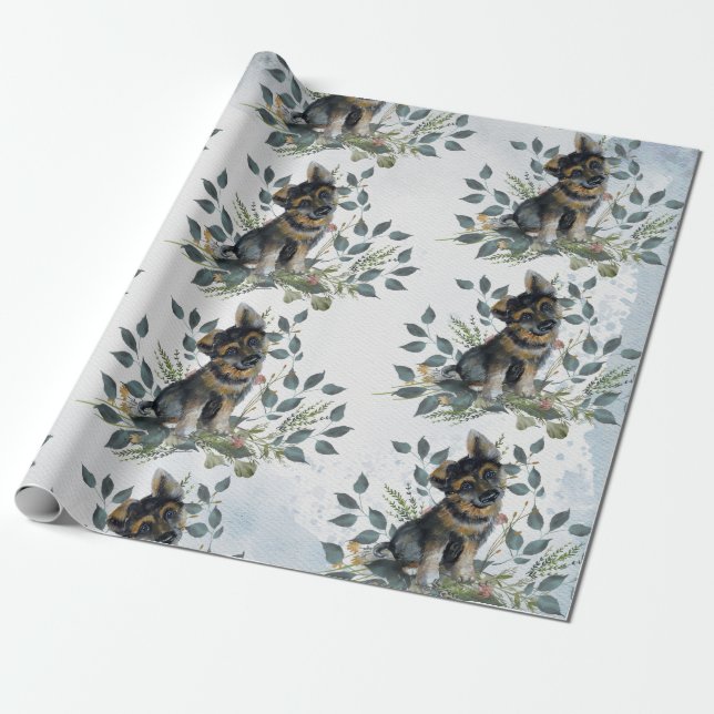 Cute Watercolor Puppy Dog  Wrapping Paper (Unrolled)