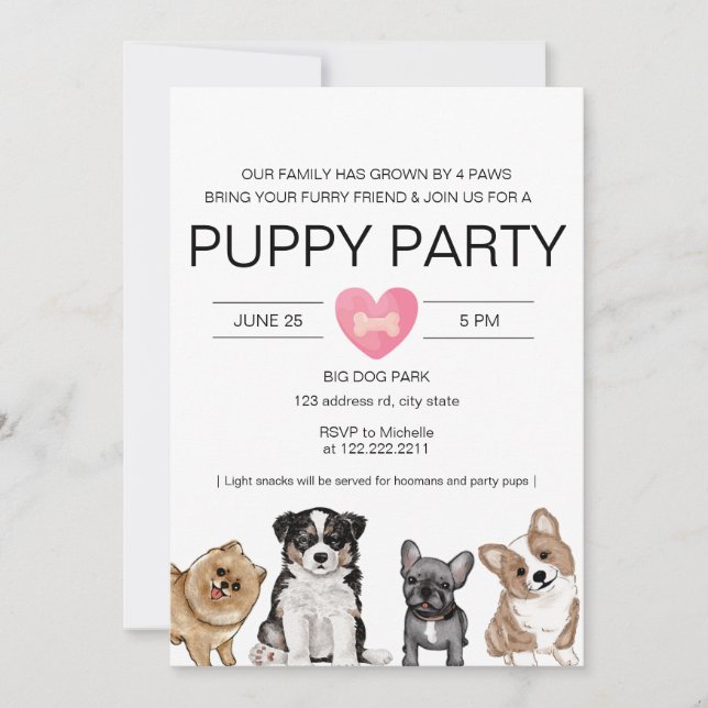 Cute Watercolor Puppy Party/Shower  Invitation (Front)