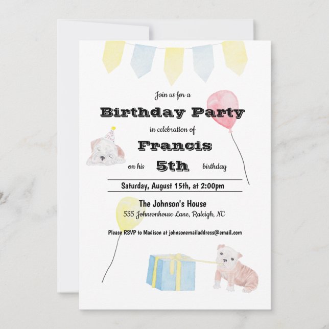 Cute Watercolor Puppy Themed Children's Birthday Invitation (Front)
