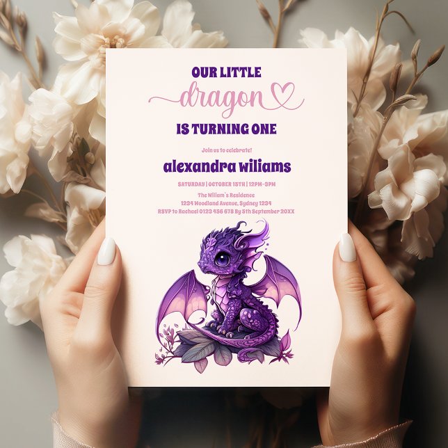 Cute Watercolor Purple Dragon 1st Birthday Invitation (Creator Uploaded)