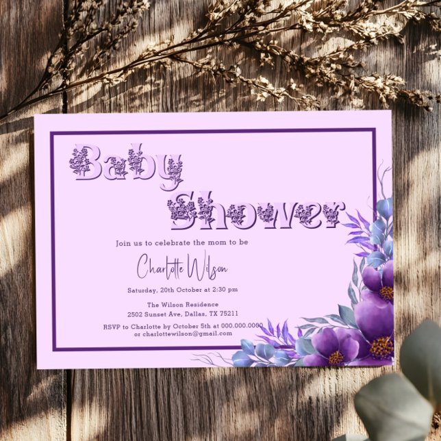 Cute Watercolor Purple Flower Baby Shower Invitation (Creator Uploaded)