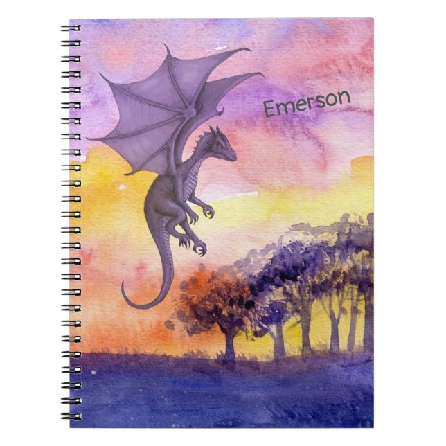 Cute Watercolor Purple Magical Flying Dragon Notebook (Front)
