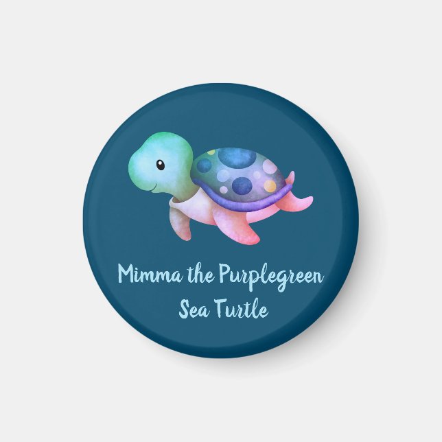 Cute Watercolor Purple Pink Green Mimma Sea Turtle Magnet (Front)