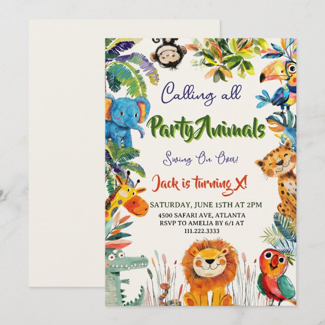 Cute Watercolor Quirky Safari Animals Birthday Invitation (Front/Back)