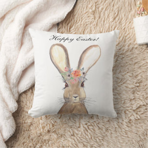 Cute Watercolor Rabbit Bunny Hare Easter Floral Cushion