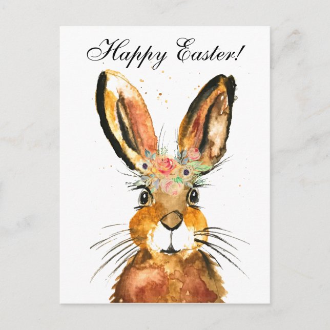 Cute Watercolor Rabbit Bunny Hare Easter Floral Postcard (Front)