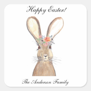 Cute Watercolor Rabbit Bunny Hare Easter Floral Square Sticker