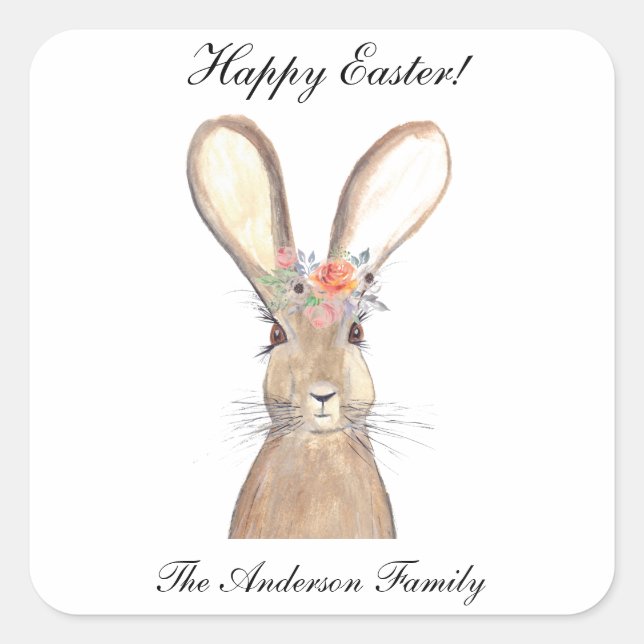 Cute Watercolor Rabbit Bunny Hare Easter Floral Square Sticker (Front)