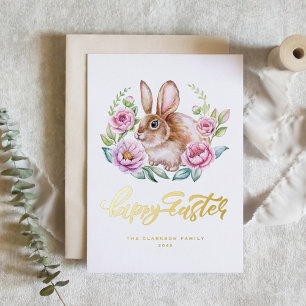 Cute Watercolor Rabbit Floral Wreath Happy Easter Foil Holiday Postcard