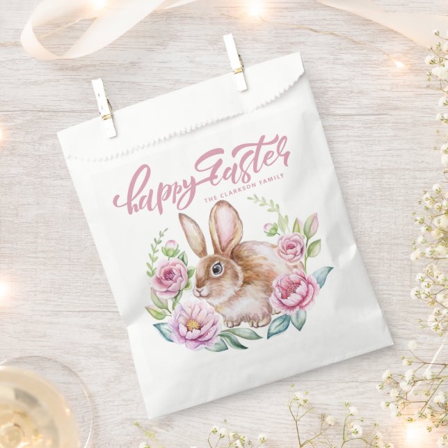 Cute Watercolor Rabbit Pink Floral Wreath Easter Favour Bags (Clipped)
