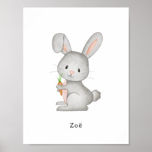 Cute Watercolor Rabbit With A Carrot Name Poster