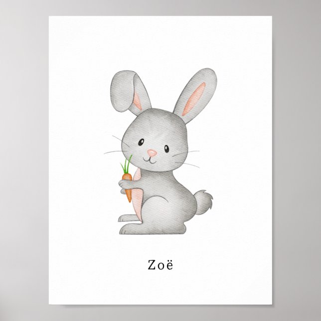Cute Watercolor Rabbit With A Carrot Name Poster (Front)
