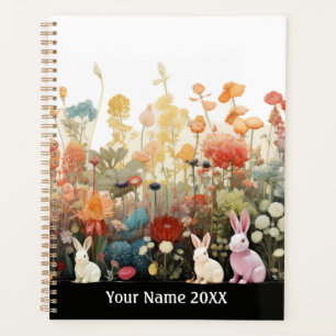Cute Watercolor Rabbits and Wildflowers Planner