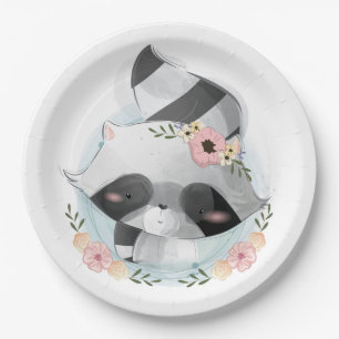 Cute Watercolor Racoon Baby Shower Paper Plate