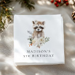 Cute Watercolor Racoon Birthday Party Napkin<br><div class="desc">Cute,  woodland-themed birthday party napkins featuring a watercolor illustration of a baby racoon surrounded by winter white flowers,  red holly berries,  and lush green leaves. Personalise the racoon birthday napkins with the child's name and age. Designed to coordinate with our Cute Watercolor Baby Animals Winter Birthday Party collection.</div>