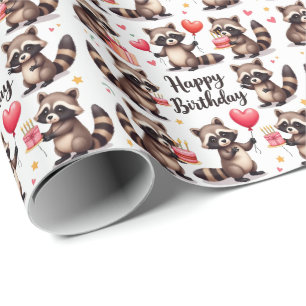 Cute Watercolor Racoon Birthday Scene - Birthday Wrapping Paper