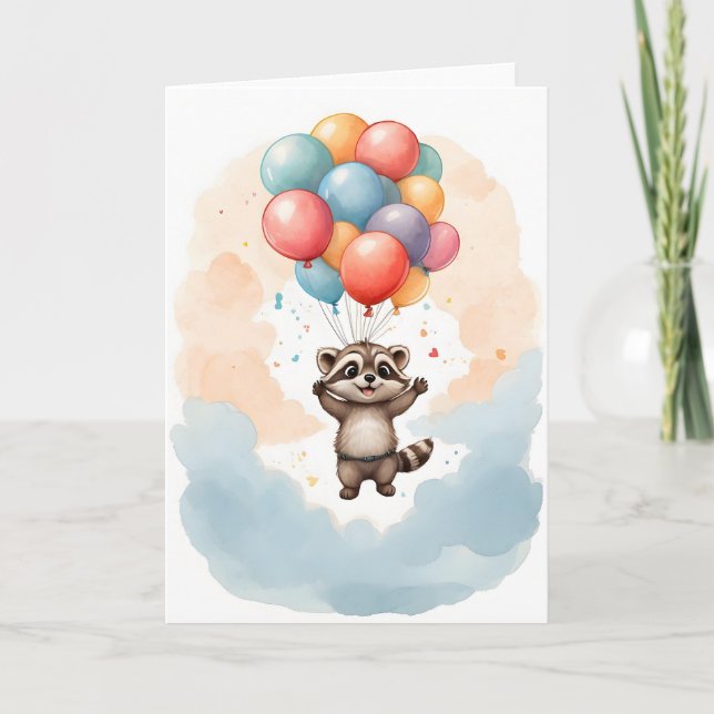 Cute Watercolor Racoon Colourful Balloons Blank Card (Front)