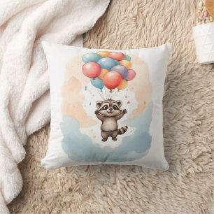 Cute Watercolor Racoon Colourful Balloons Nursery Cushion