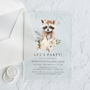 Cute Watercolor Racoon Winter Birthday Party Acrylic Invitations