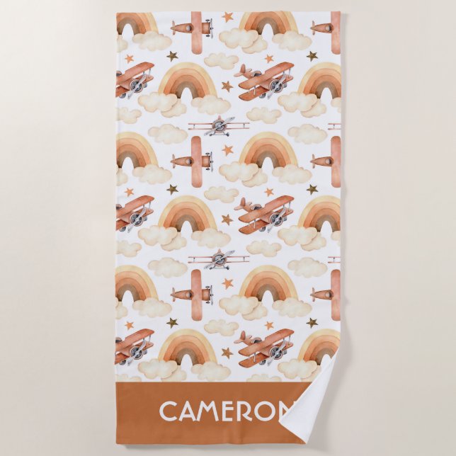 Cute Watercolor Rainbow Aeroplane Pattern Beach Towel (Front)