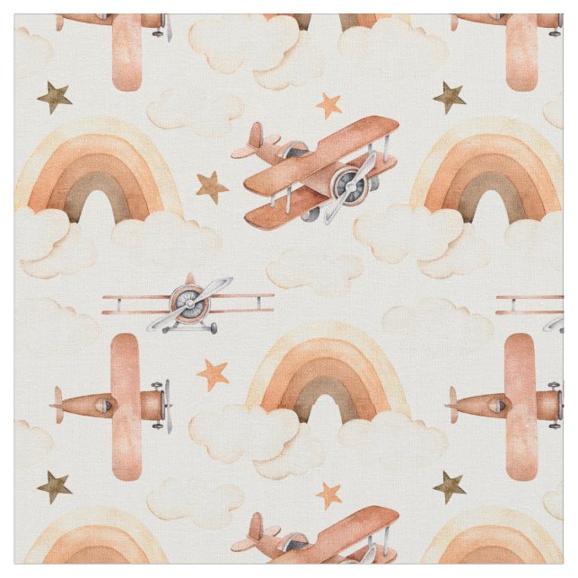 Cute Watercolor Rainbow Aeroplane Pattern Fabric (Close Up)