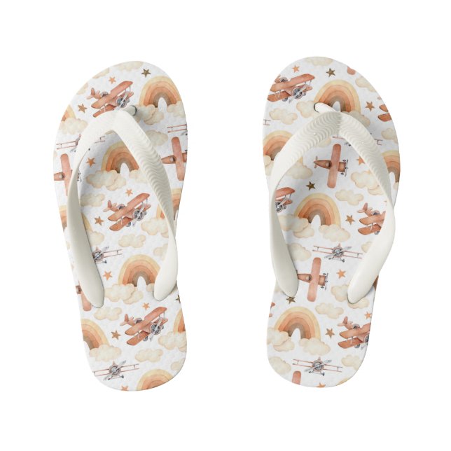 Cute Watercolor Rainbow Aeroplane Pattern Kid's Flip Flops (Footbed)