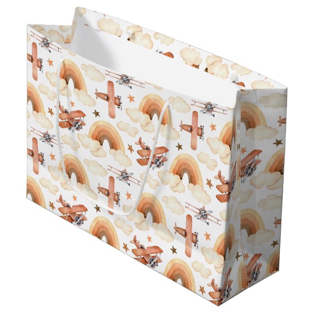 Cute Watercolor Rainbow Aeroplane Pattern Large Gift Bag (Front Angled)