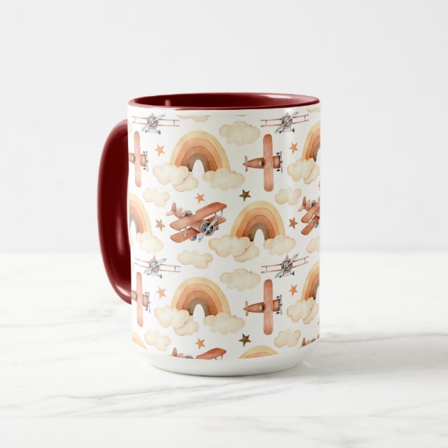 Cute Watercolor Rainbow Aeroplane Pattern Mug (Front Left)