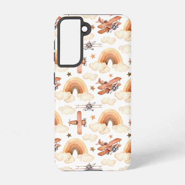 Cute Watercolor Rainbow Aeroplane Pattern Samsung Galaxy S21 Case (Back)