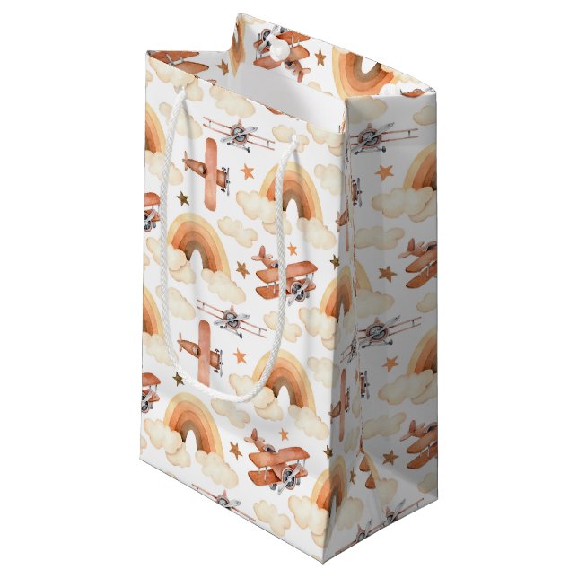 Cute Watercolor Rainbow Aeroplane Pattern Small Gift Bag (Front Angled)