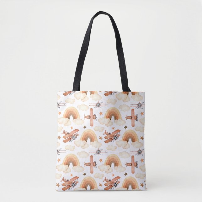 Cute Watercolor Rainbow Aeroplane Pattern Tote Bag (Front)