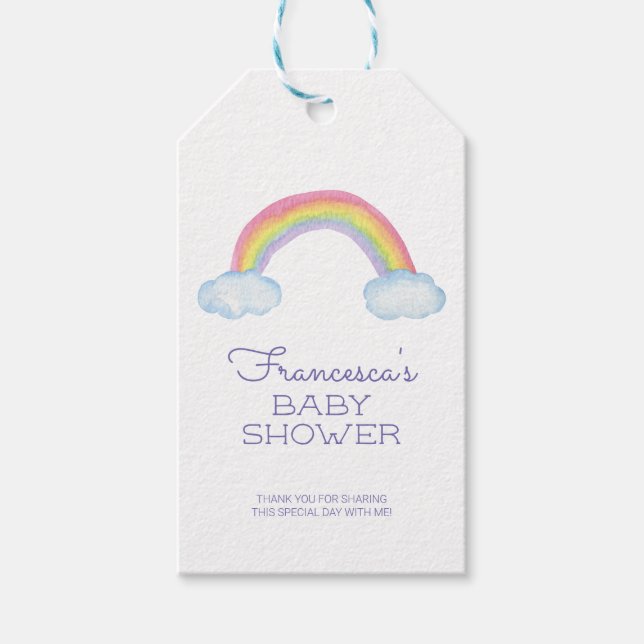 Cute Watercolor Rainbow and Clouds Baby Shower Gift Tags (Front)