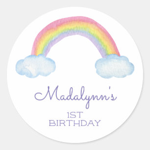 Cute Watercolor Rainbow and Clouds Birthday Classic Round Sticker